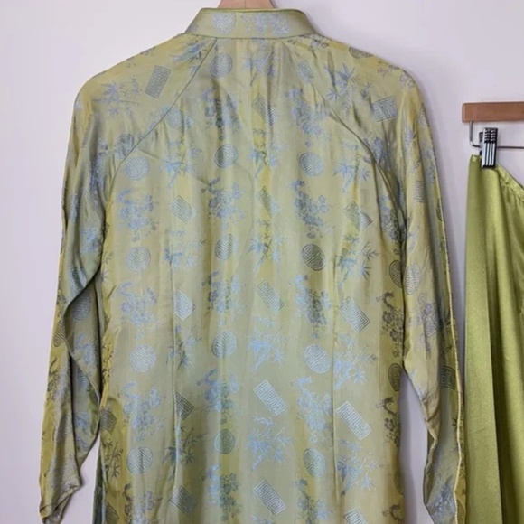 Vintage Green 2 Piece Kaftan Kimono Style Mandarin Collar Pants & Top Lounge Set - Picture 6 of 9